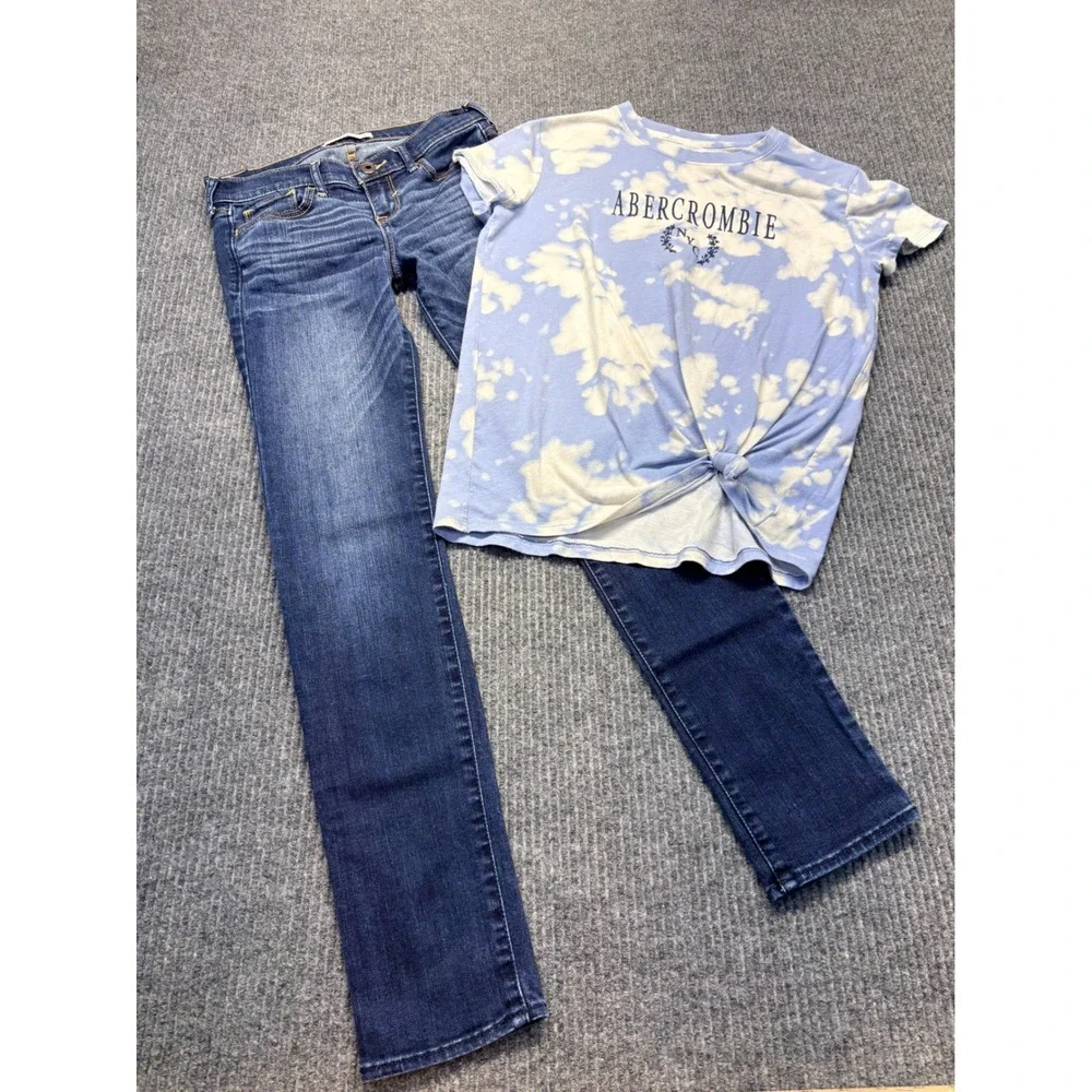 Abercrombie Kids Girls Tie Dye Logo Tee and Slim Straight Jeans Set Blue 13/14